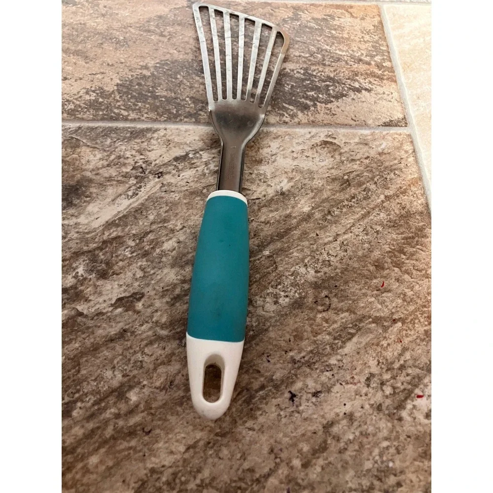 Stainless Steel Fish Spatula Slotted Angled Turner Teal White Handle 11.5 inch